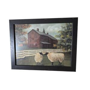 Primitive Country Rustic Painting by Pam Boetton Lambs Barn 18X14